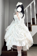 White [Eternal Taboo] Long Hime Sleeves Ruffled Bow Gothic Lolita Skirt Dress Set - Product - 8