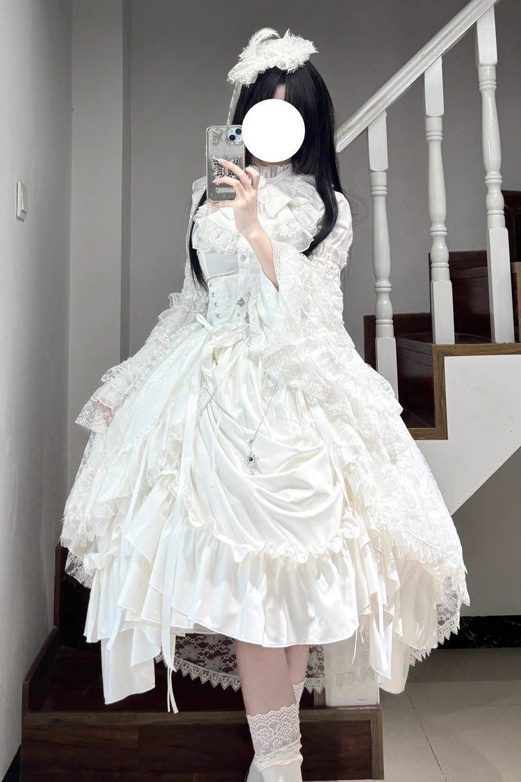 White [Eternal Taboo] Long Hime Sleeves Ruffled Bow Gothic Lolita Skirt Dress Set - Product - 8