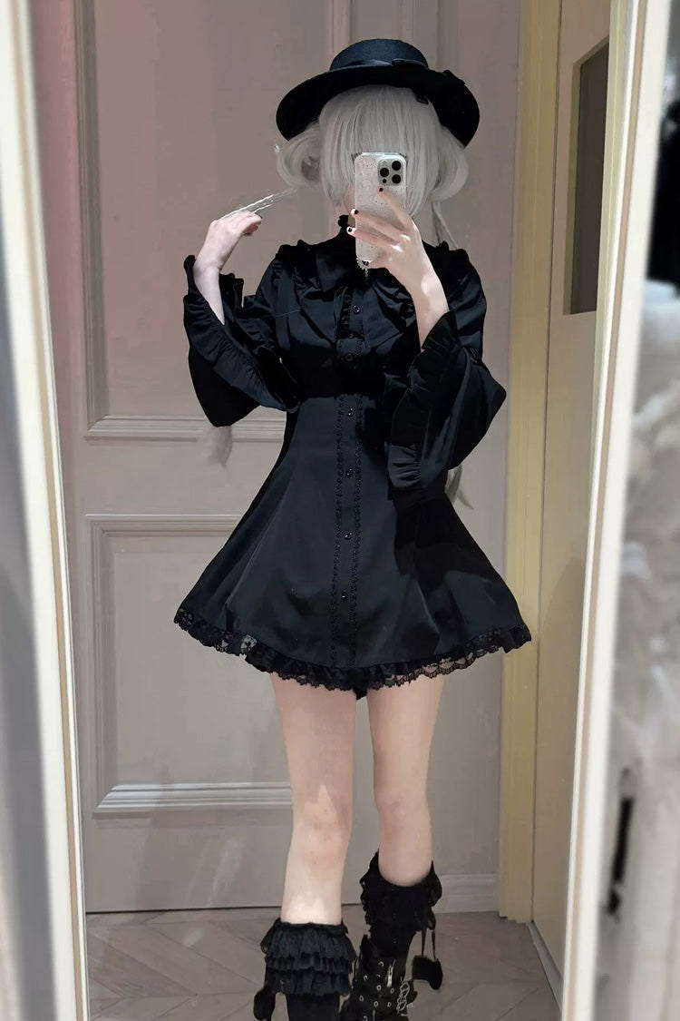 Jirai Kei Stand Collar Long Trumpet Sleeves Ruffled Bow Lace Japanese Dress 4 Colors - Product - 5