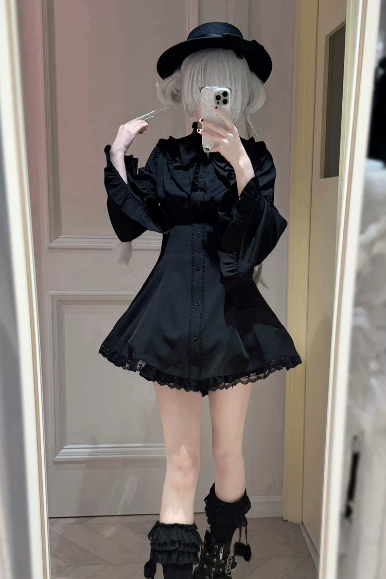 Jirai Kei Stand Collar Long Trumpet Sleeves Ruffled Bow Lace Japanese Dress 4 Colors - Product - 5