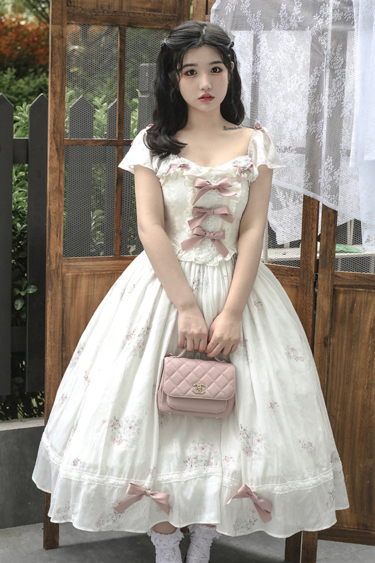 Rose Elegant Short Sleeves Print Ruffle Bowknot Sweet Plus Size Lolita Dress 2 Colors - Product - 5