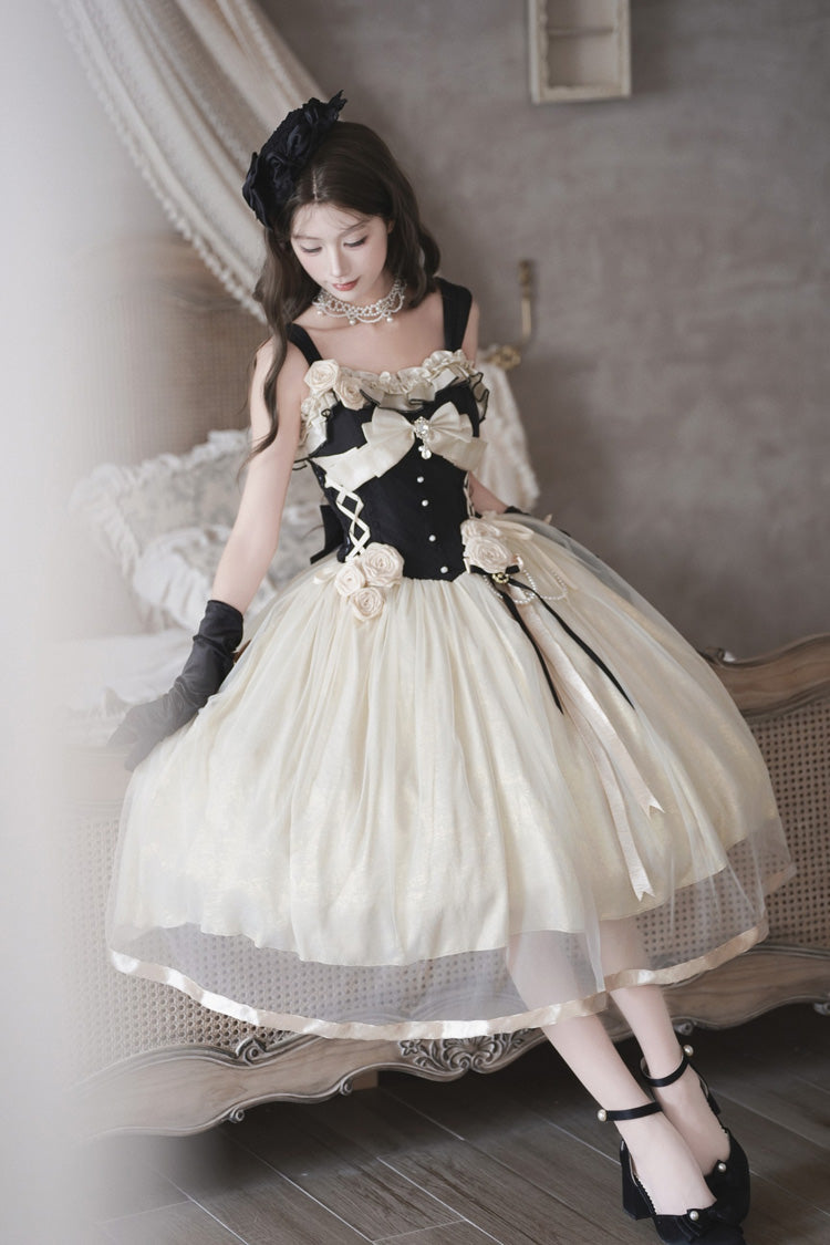Black/White [Paris Souvenir] Sleeveless Ruffled Bow Lace-Up Fishbone Pearl-Decorated Classic Elegant Lolita Jsk Dress - Product - 5