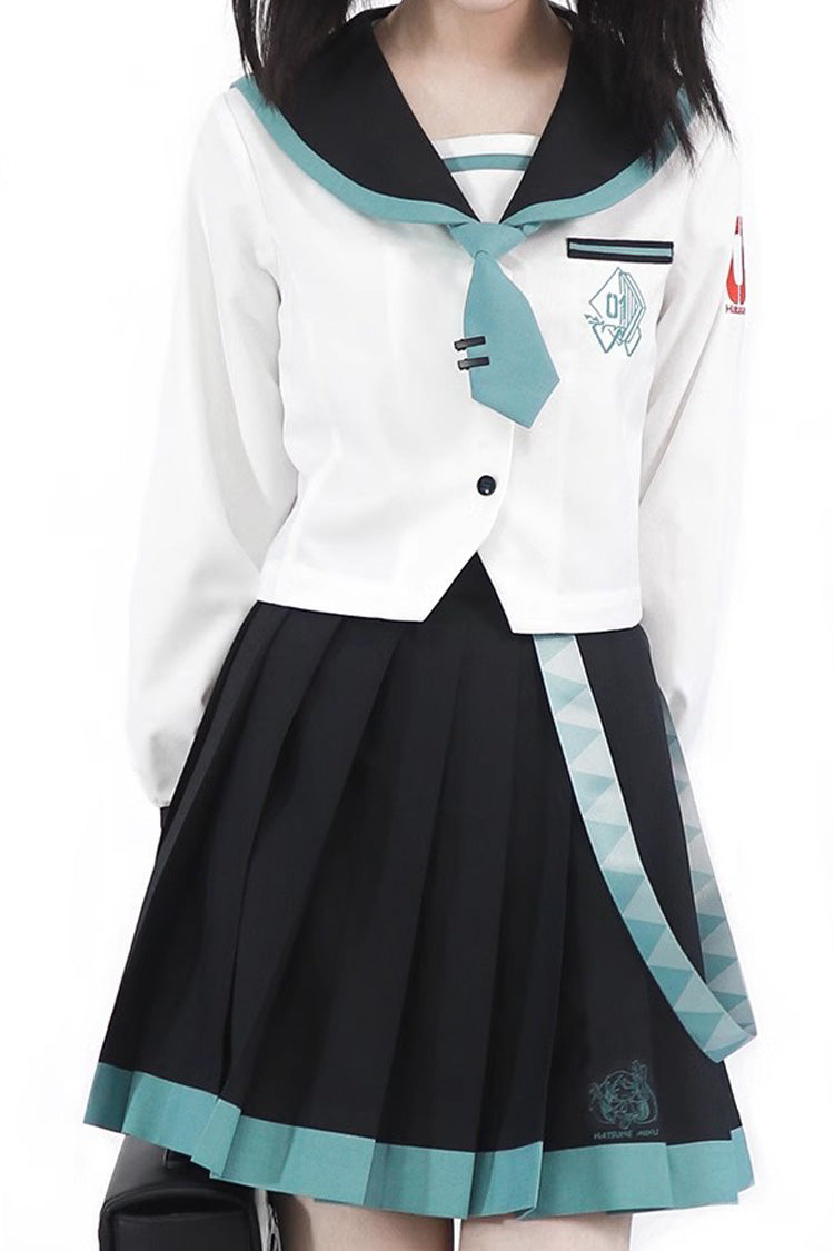 Black/White Long Sleeves College Style Sailor Japanese School Pleated Skirt - Product - 2