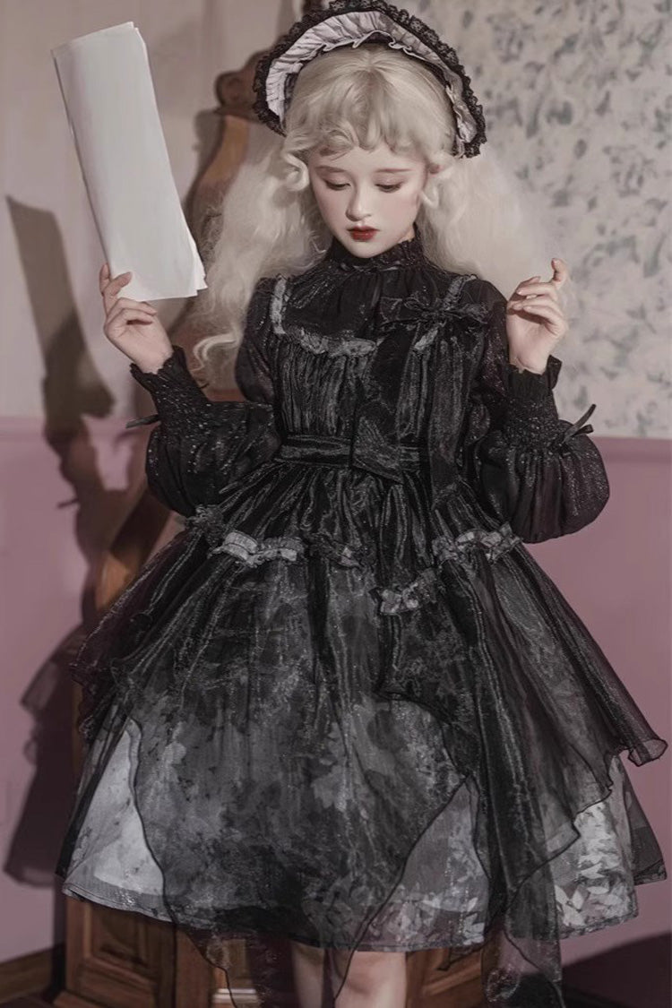 Black Stand Collar High Waisted Dead Leaves Print Tulle Gothic Princess Lolita Jsk Dress - Product - 8