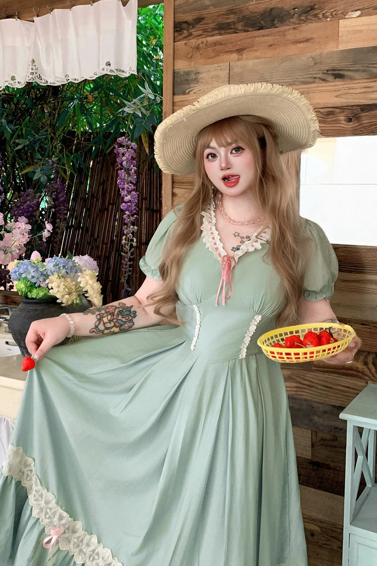 Green V Collar Short Sleeves Ruffled Lace Sweet Plus Size Lolita Dress - Product - 6