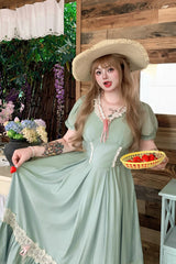 Green V Collar Short Sleeves Ruffled Lace Sweet Plus Size Lolita Dress - Product - 6