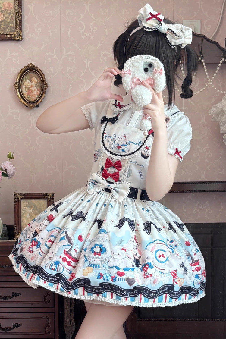Beige [Mystery Rabbit Tea Party] Sleeveless Print Bowknot Lace Sweet Lolita Strap Dress - Product - 4
