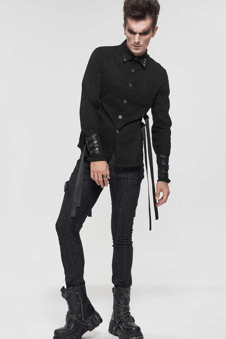 Black Punk Casual Circuit Diagram Print Asymmetric Decoration Men's Long Pants - Product - 10