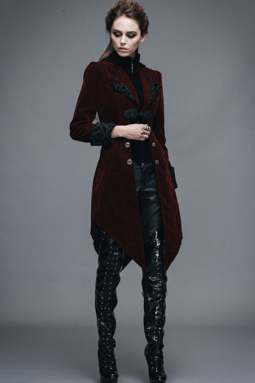 Red Embroidered High Collar Party Womens Gothic Coat - Product - 6
