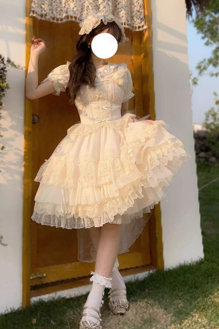 Apricot Multi-layer Annie's Tea Party Ruffle Hanayome Sweet Lolita Jsk Dress - Apricot - 1
