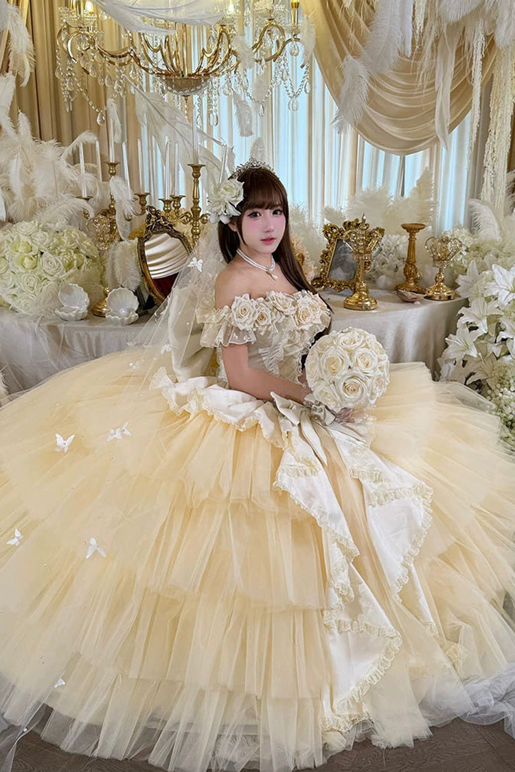 Apricot [Heart’s Beloved Rose] Sleeveless Ruffled Hanayome Bow Lace Lace-Up Sweet Lolita Jsk long Dress - Product - 6