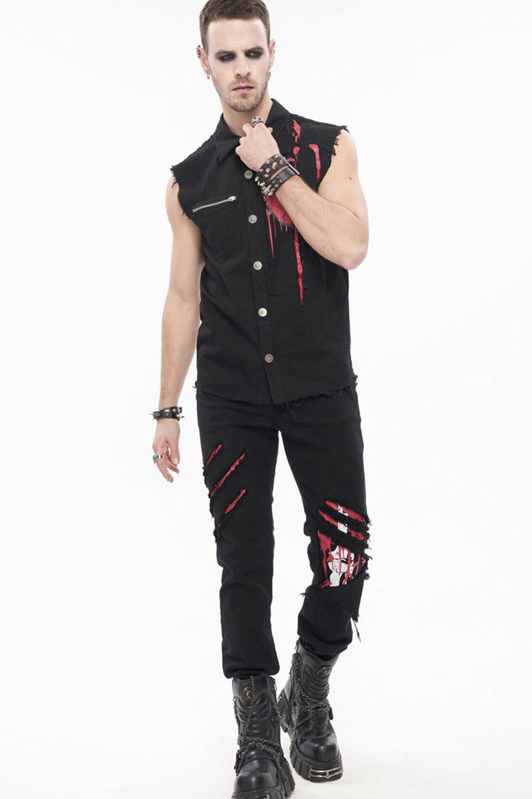 Black Punk Twill Ripped Leg-Bone Bleed Print Men's Pants - Product - 6