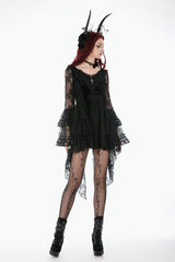 Black Trumpet Sleeves Multi-Layered Lace Velvet Embroidered Lace-Up Women's Gothic Dress - Product - 6