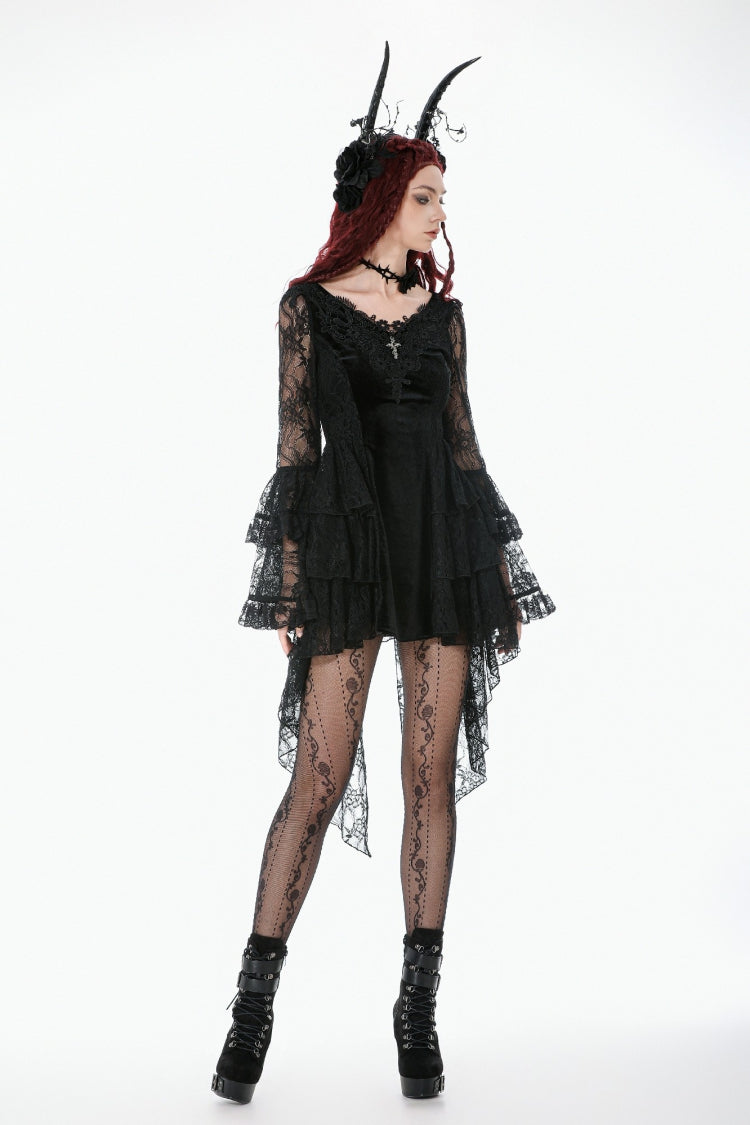 Black Trumpet Sleeves Multi-Layered Lace Velvet Embroidered Lace-Up Women's Gothic Dress - Product - 6