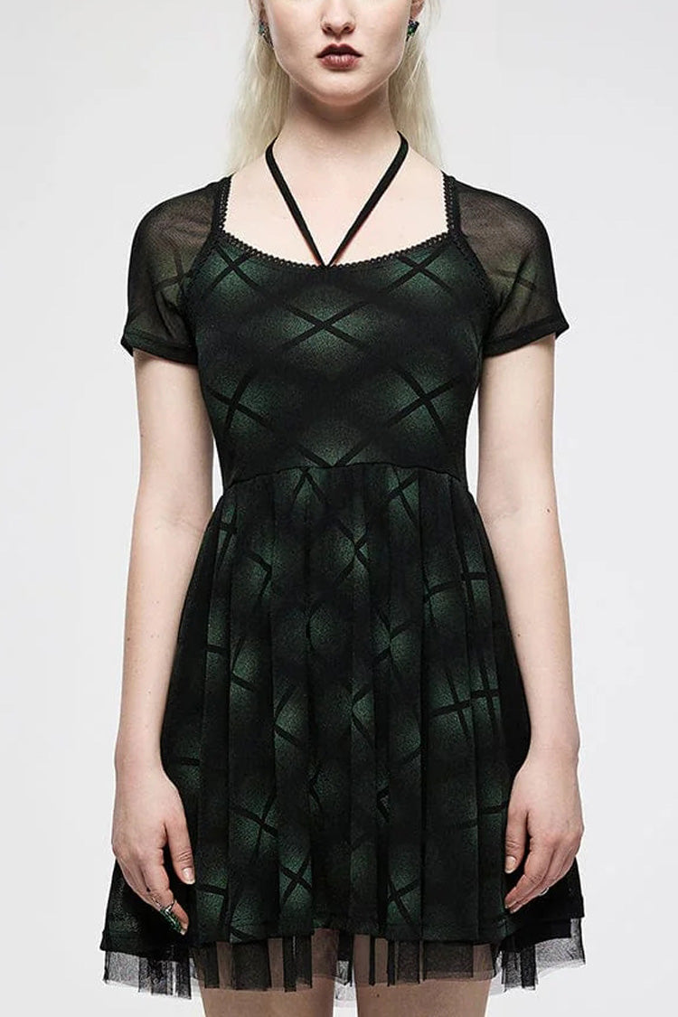 Green Short Sleeves Plaid Print Stitching Mesh Women's Punk Dress - Green - 1