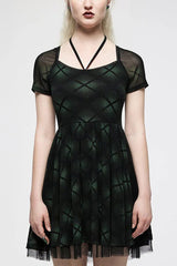 Green Short Sleeves Plaid Print Stitching Mesh Women's Punk Dress - Green - 1