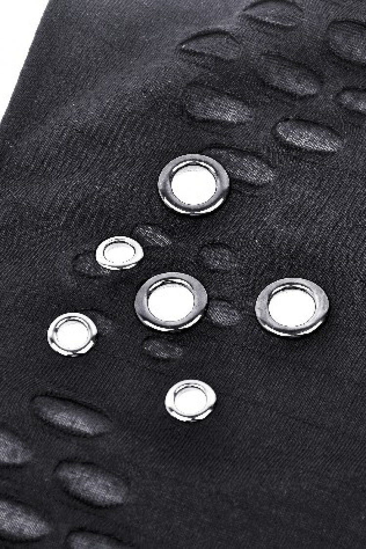 Black Long Sleeves Cut-Out Ripped Zippered Eyelets Women's Punk Distressed Top - Product - 14