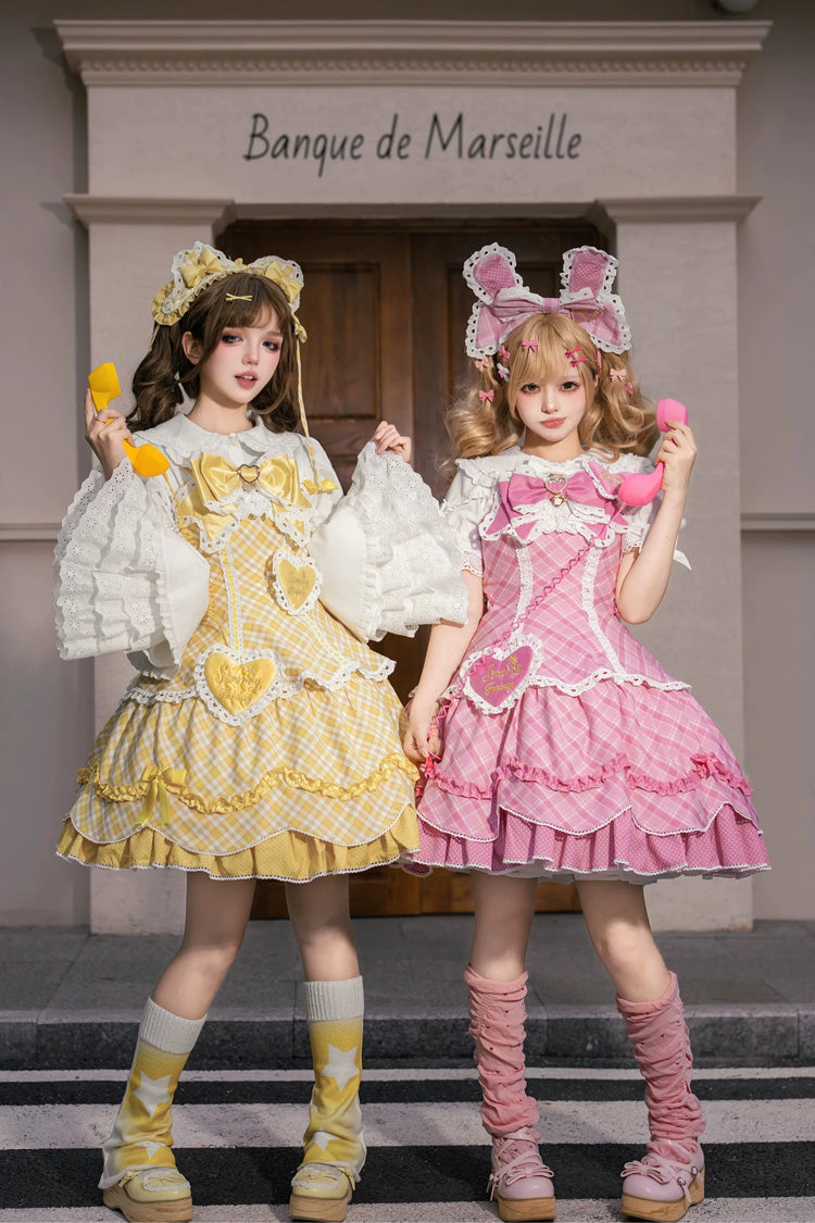 Yellow [Candy Cream Puff Strawberry Cake] Multi-Layered Printed Ruffled Bow Plus Size Sweet Princess Lolita Dress 2 Versions - Yellow(JSK) - 1