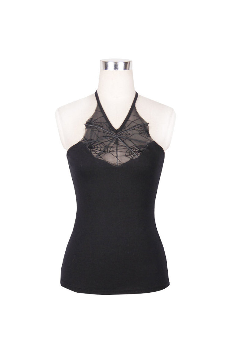 Black Front Chest Spider Web Flocking Printing Mesh Tight Halter Women's Punk Vest - Product - 5