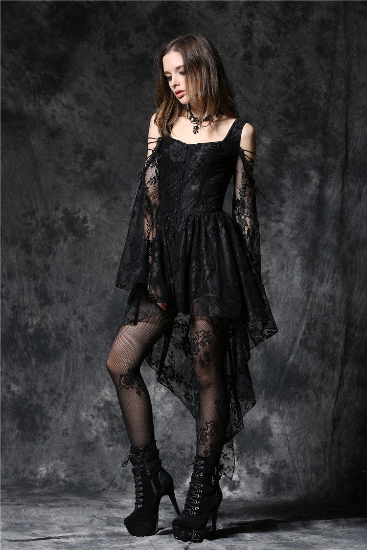 Black Square Collar Long Sleeves Overlay Embroidered Lace Women's Gothic Dress - Product - 12