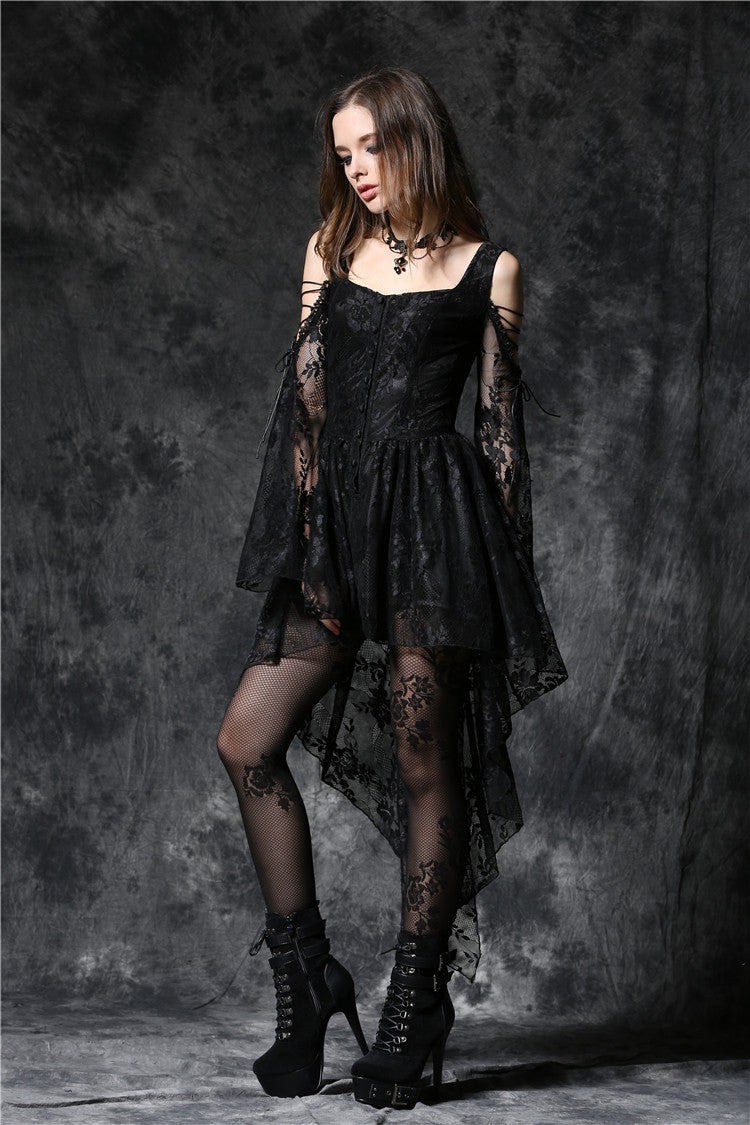 Black Square Collar Long Sleeves Overlay Embroidered Lace Women's Gothic Dress - Product - 12