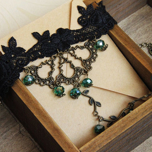 Black Lace Green Bead Gothic Lolita Bracelet Ring Jewelry - Product - 4