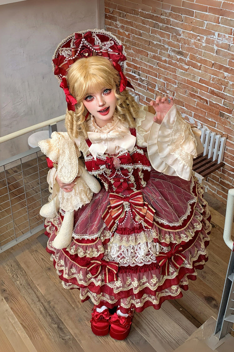 Red [Crown of Gems] Triple-Layered Ruffle Bowknot Lace Sweet Gorgeous Lolita Jsk Dress - Product - 9