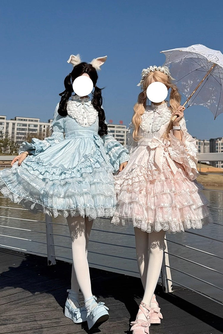 Pink [The Soloist Doll] Long Hime Sleeves Multi-Layered Print Ruffle Bowknot Asymmetric Sweet Lolita Dress - Product - 8
