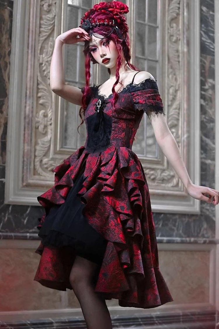 Black/Red Feast in Hades Short Sleeves Print Ruffle Cardigan Gothic Lolita Dress - Product - 8