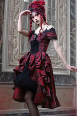 Black/Red Feast in Hades Short Sleeves Print Ruffle Cardigan Gothic Lolita Dress - Product - 8