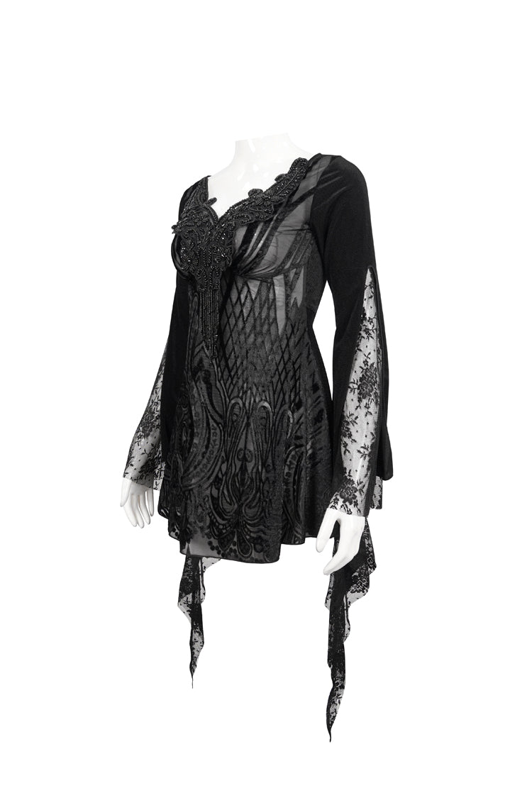 Black V-Neck Beading Lace Flared Cuffs Floral Hip Covered Long Sleeves Women's Gothic T-Shirt - Product - 7