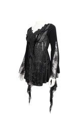 Black V-Neck Beading Lace Flared Cuffs Floral Hip Covered Long Sleeves Women's Gothic T-Shirt - Product - 7