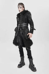 Black Stand Collar Long Sleeves Lace-Up Slim  Zippered Men's Punk Coat with Detachable Belt - Product - 12