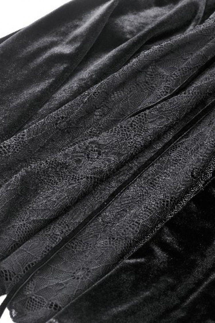 Black Long Trumpet Sleeves Spliced Lace-Up Spider Mesh Women's Gothic Velvet Wedding Dress - Product - 17