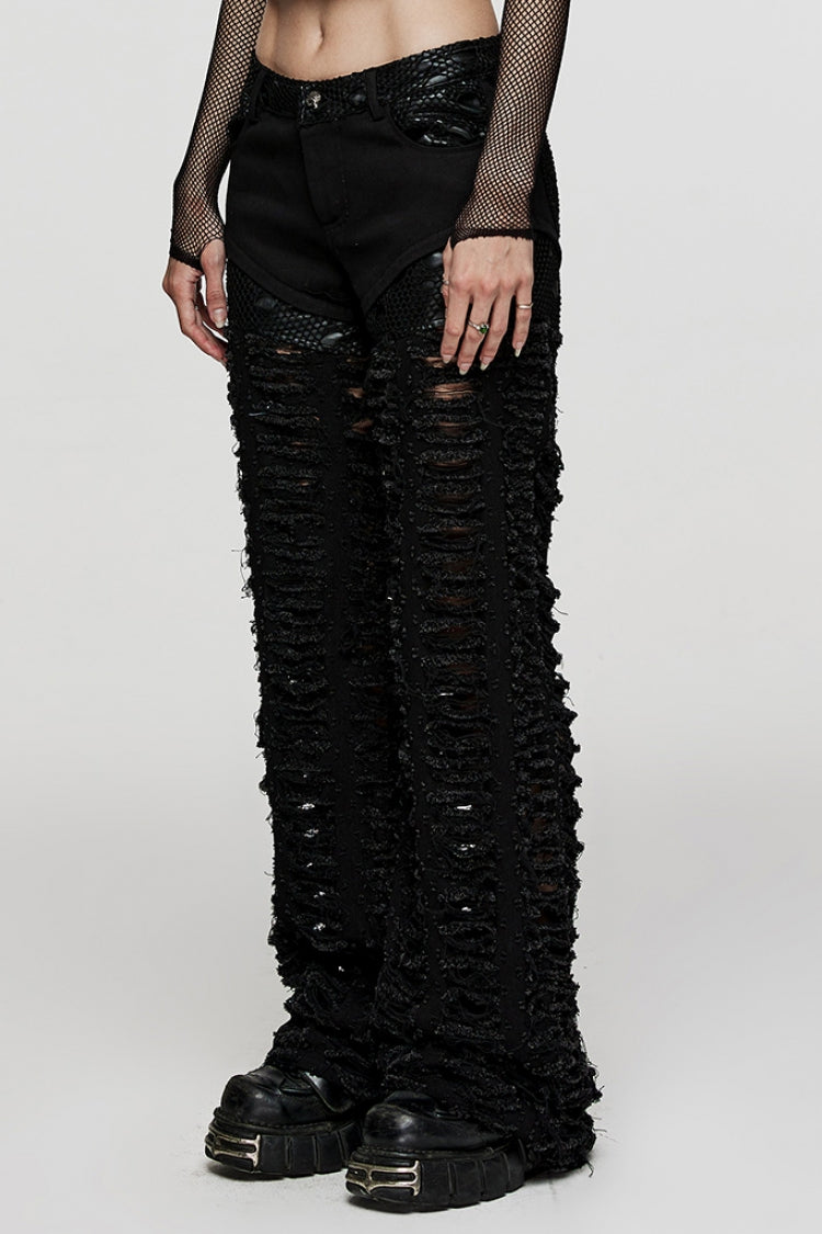 Black Embossed Stitching Mesh Ripped Women's Steampunk Straight Pants - Product - 2