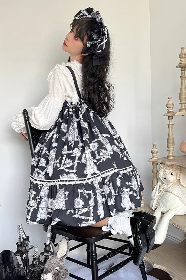 Black Wolf Detective Print Ruffle Bowknot Sweet Lolita Jsk Dress - Product - 4