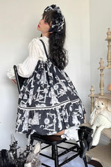 Black Wolf Detective Print Ruffle Bowknot Sweet Lolita Jsk Dress - Product - 4