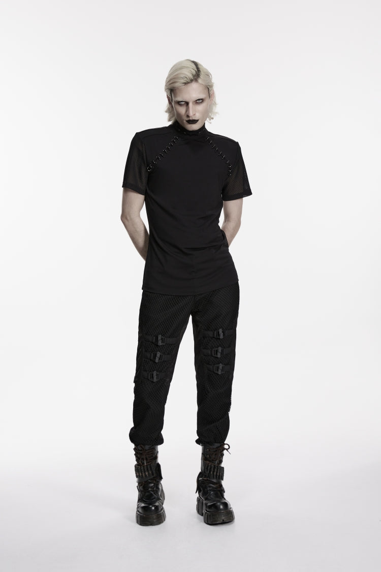 Black Spliced Slim Mesh Buckled Men's Punk Cool Pants - Product - 2