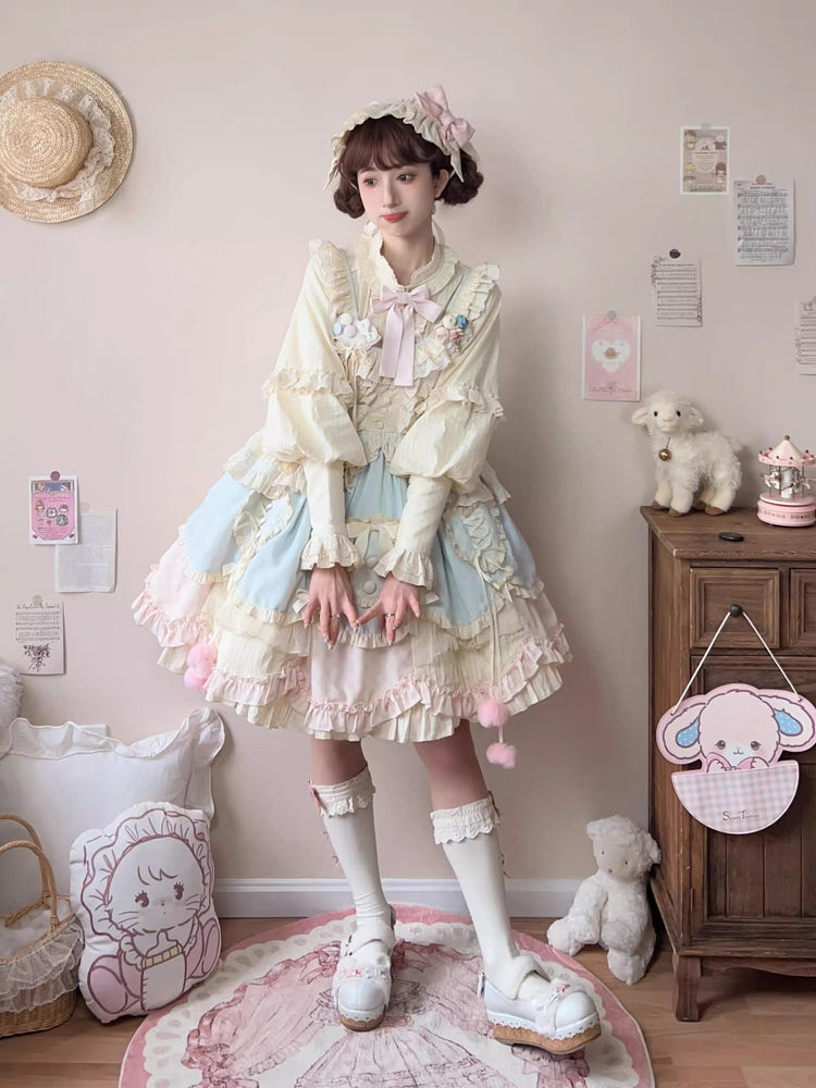 複数-カラー [Mianmian Macaron] ノースリーブ ティアード フリル リボン レース スウィートロリータ ジャンパースカート（JSK） (ショート丈) 商品画像