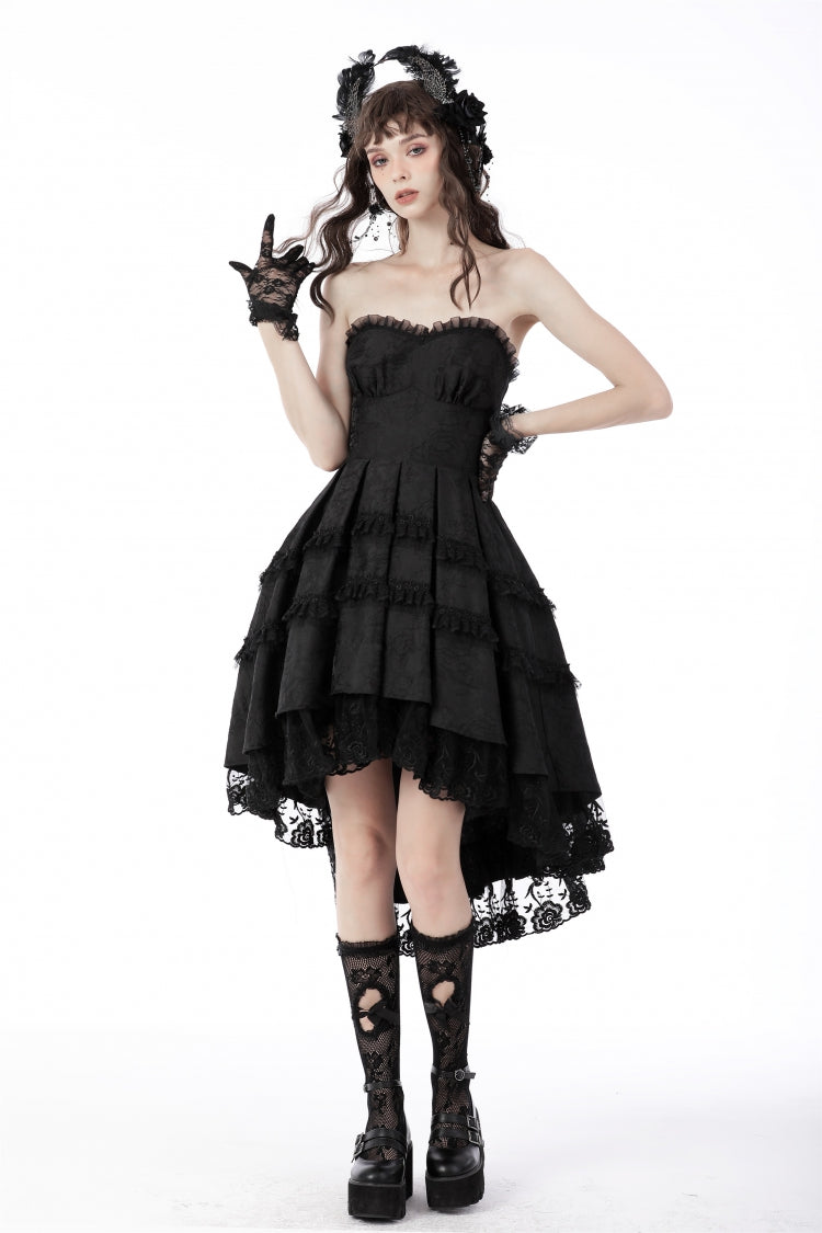 Black Sleeveless Lace-Up Women's Gothic Lace Multi-Layered High/Low Slip Wedding Graduation Dress - Black - 1