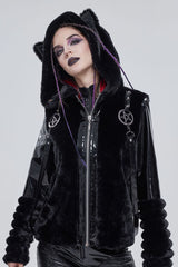 Black Punk Cuff Pleated Design Metal Five-Pointed Star Shape Belt Decoration Cat Ear Women's Coat - Product - 8
