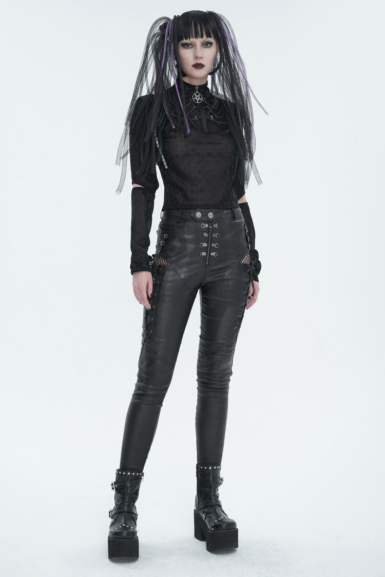 Black Stretch Faux Leather Paneled Mesh Women's Punk Trousers - Product - 5