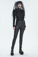 Black Stretch Faux Leather Paneled Mesh Women's Punk Trousers - Product - 5