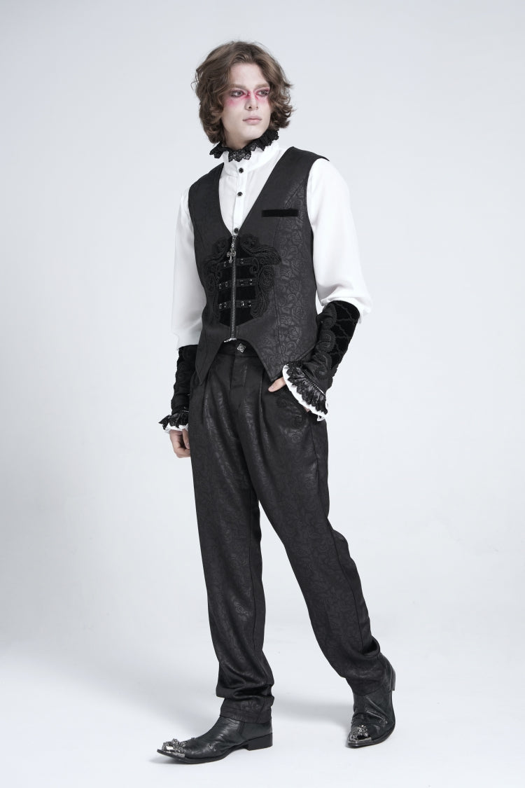 Black Sleeveless Floral Embroidery Stitching Velvet Men's Gothic Vest - Product - 10