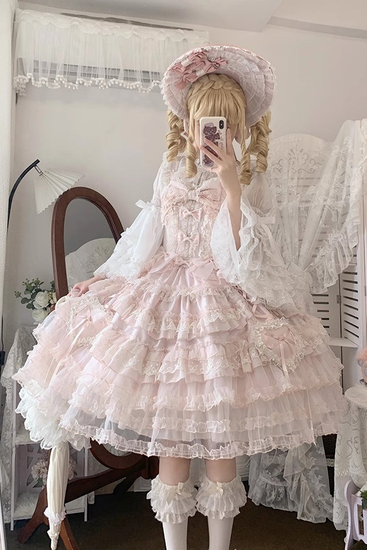 Pink [Sweetheart Diary] Multi-Layered Ruffle Hanayome Embroidery Bowknot Lace Sweet Lolita Jsk Dress - Product - 10