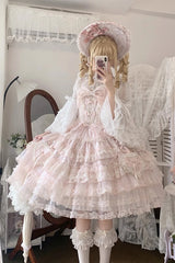 Pink [Sweetheart Diary] Multi-Layered Ruffle Hanayome Embroidery Bowknot Lace Sweet Lolita Jsk Dress - Product - 10