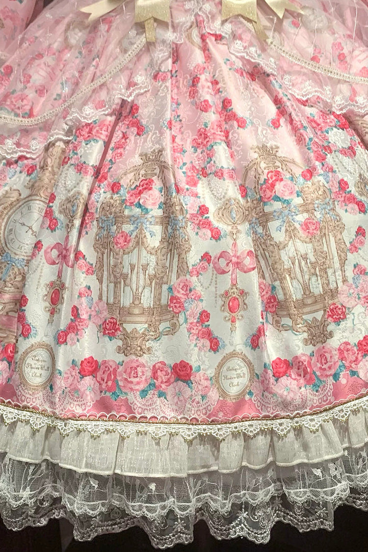 Pink [Rose Garden Prelude] Square Collar Long Trumpet Sleeves Printed Ruffled Bow Lace Lace-Up Sweet Lolita Dress - Product - 10