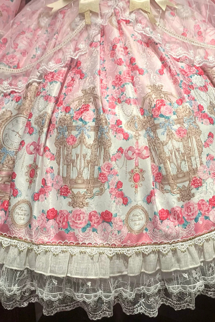 Pink [Rose Garden Prelude] Square Collar Long Trumpet Sleeves Printed Ruffled Bow Lace Lace-Up Sweet Lolita Dress - Product - 10