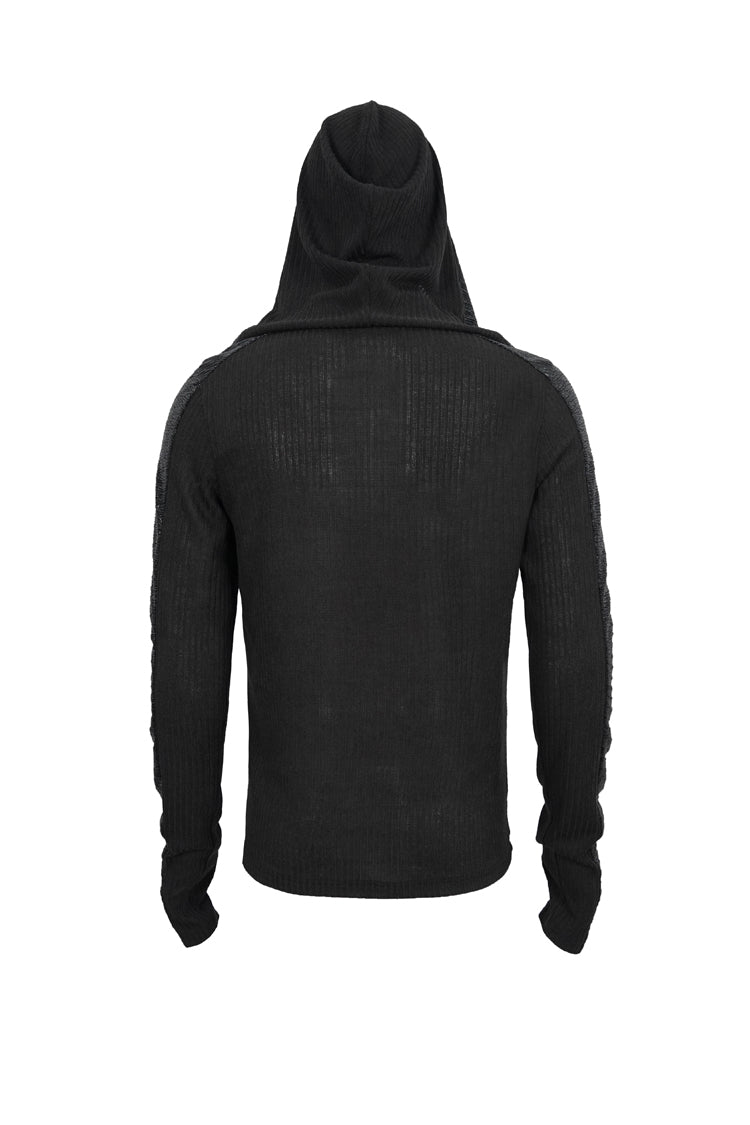Black Trendy Dark Tether V-Neck Panel Knit Hooded Men's Punk T-Shirt - Product - 9