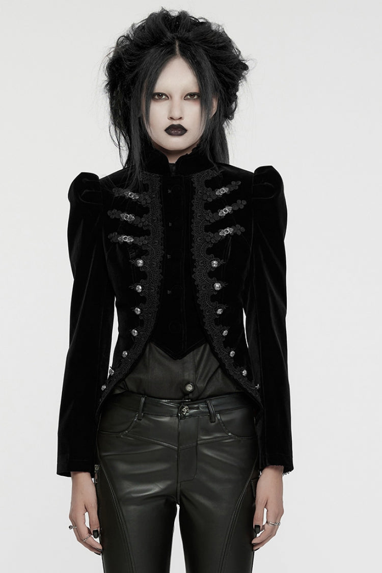Black Stand Collar Long Sleeves Women's Gothic Swallowtail Coat - Black - 1